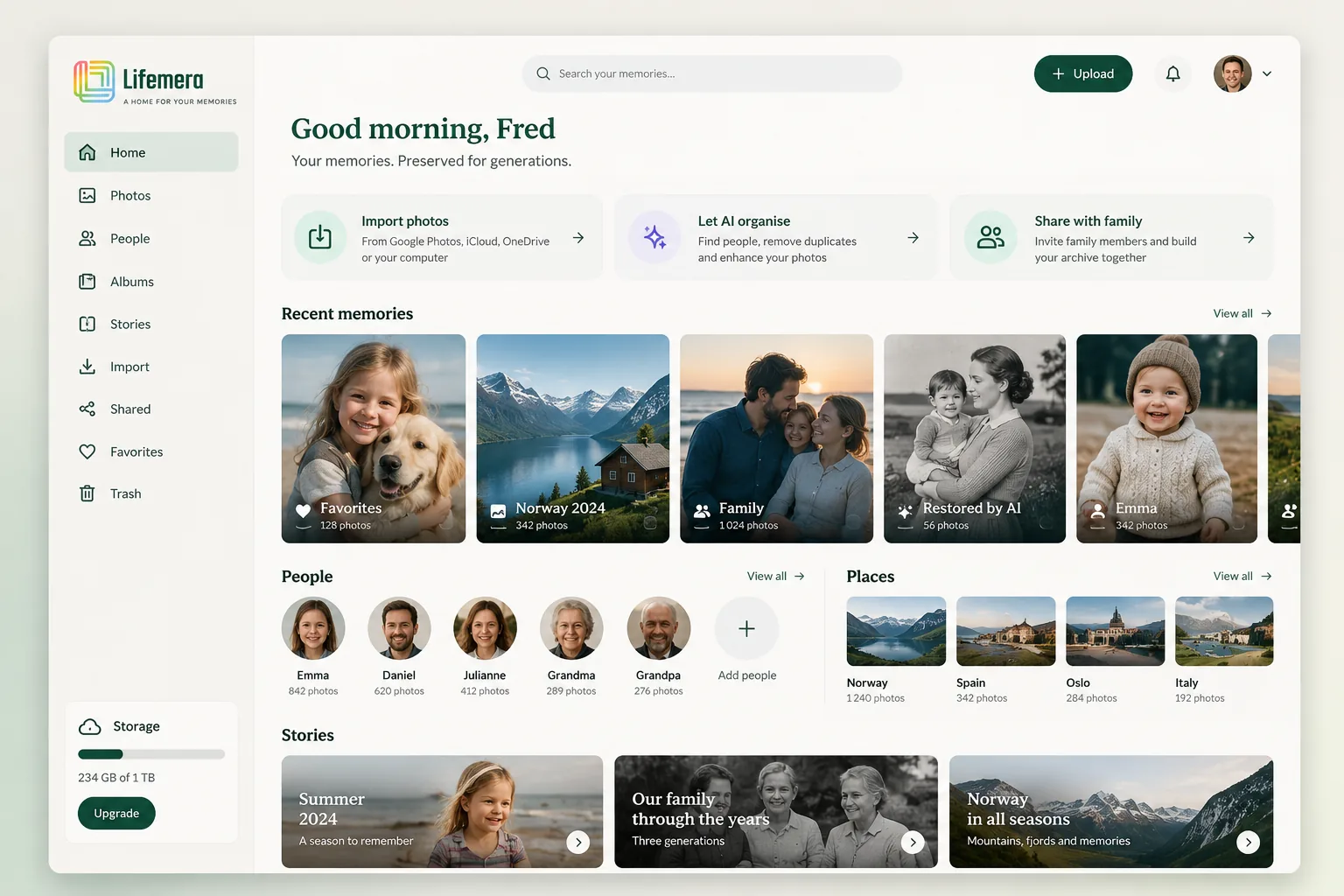 The Lifemera app home screen, with a sidebar for Photos, People, Albums and Stories, quick actions to import photos, let AI organise and share with family, and a grid of recent memories