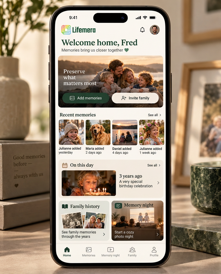 The Lifemera app open on a phone standing in a warm, lived-in living room. The phone screen shows the app's home screen with a greeting, a row of recent memories as small photo cards, an “On this day” highlight, a family history card and a card inviting to a memory night