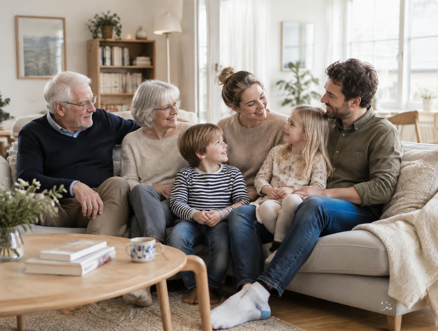 Besteforeldre, parents and children together in a bright living room