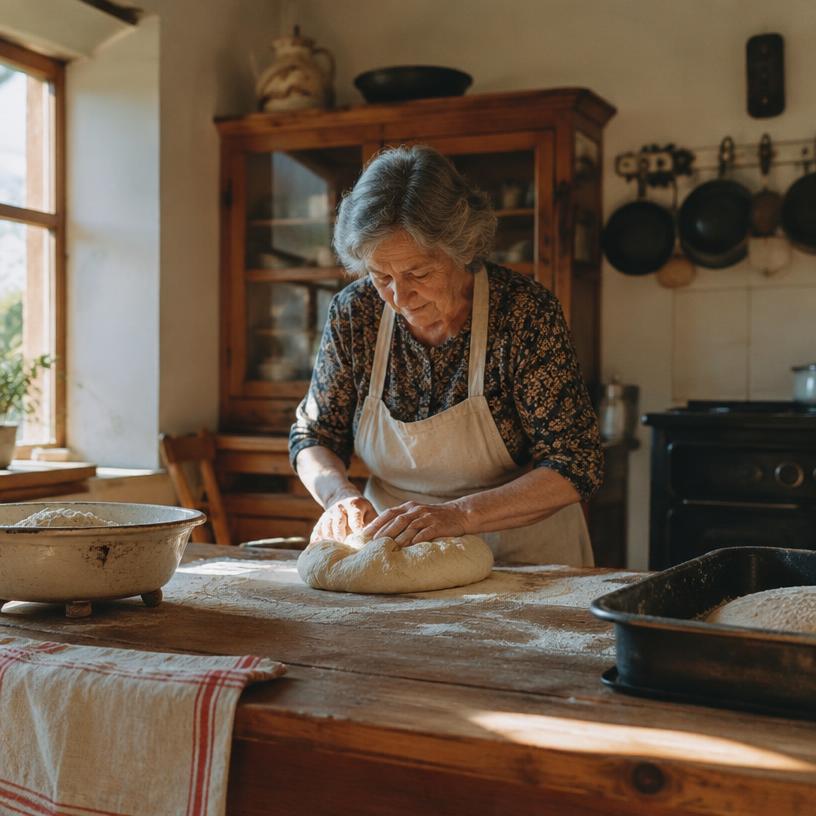A grandmother baking in a warm kitchen