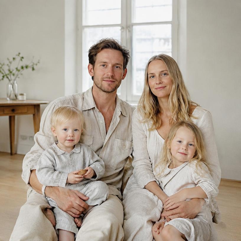 Et familieportrett i mykt vinduslys