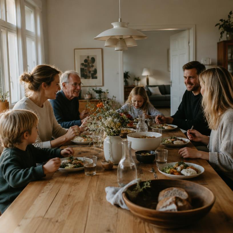 En familie samlet rundt et langt trebord